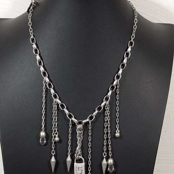 Lane Bryant Silver Tone Fringe Chain Charm Lock Statement Necklace 22" - Picture 2 of 9